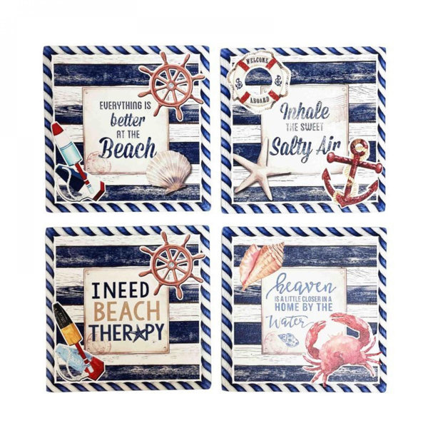 Breakwater Bay Set Of 4 Nautical Beach TherapyWith Text Coasters Wayfair